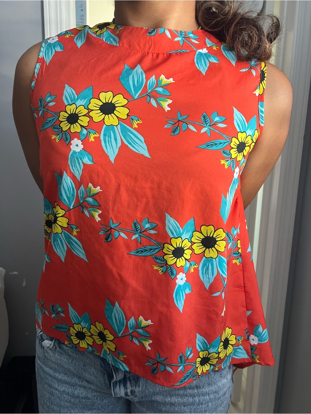 True Destiny Red Floral Sleeveless Tank Top with Yellow & Teal Print